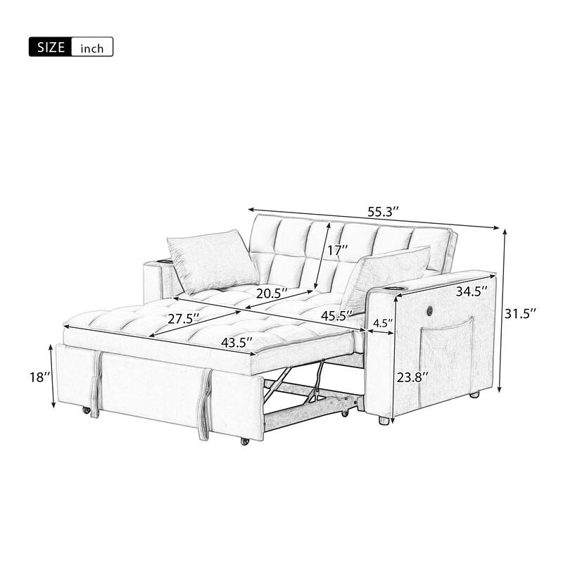 58" Multifunctional Combination Sofa Bed Pulled Out Sofa with Cup Holder Sofa and USB Port Sofa